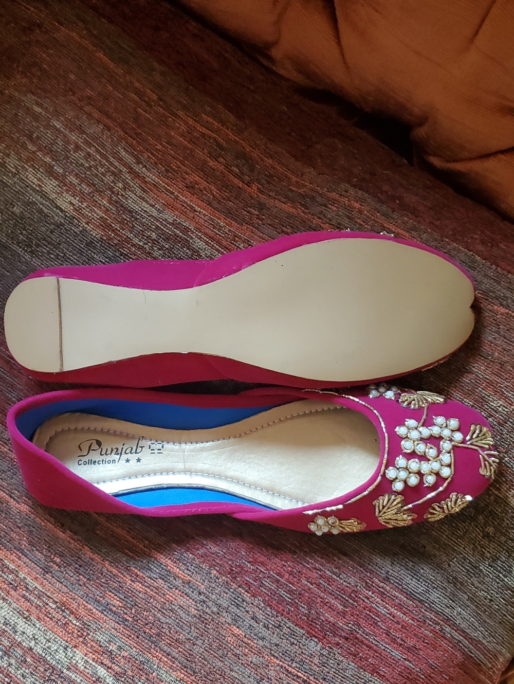Vibrant Pink Velvet Punjabi Jutti Flats Size 10 Embellished